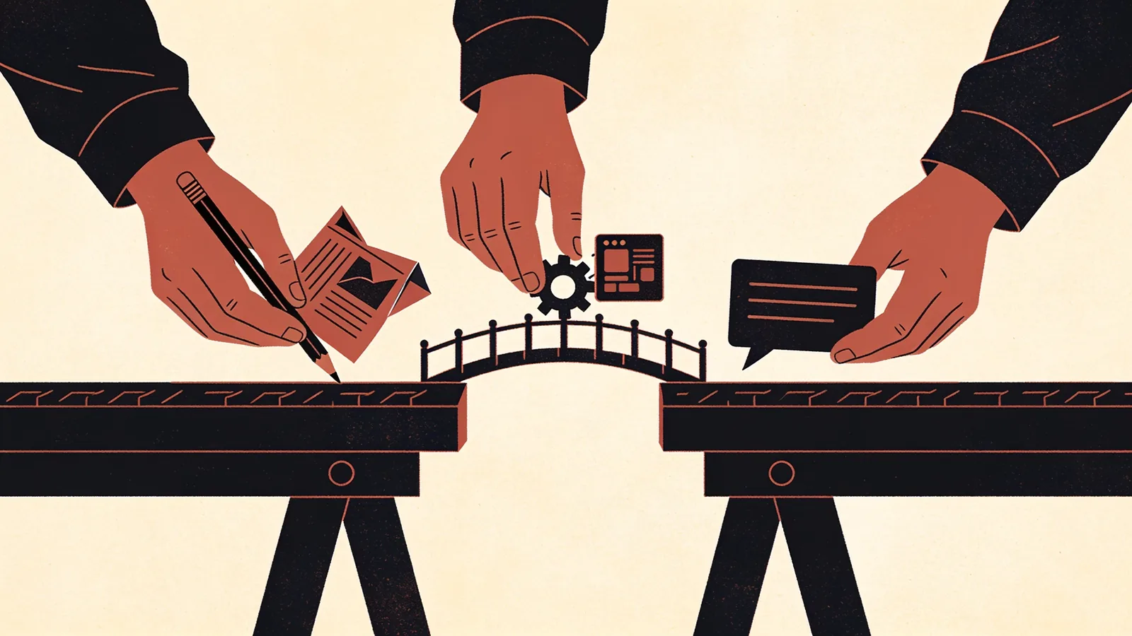 Tres manos aportan diseño, tecnología y conversación para construir un puente sobre una mesa.