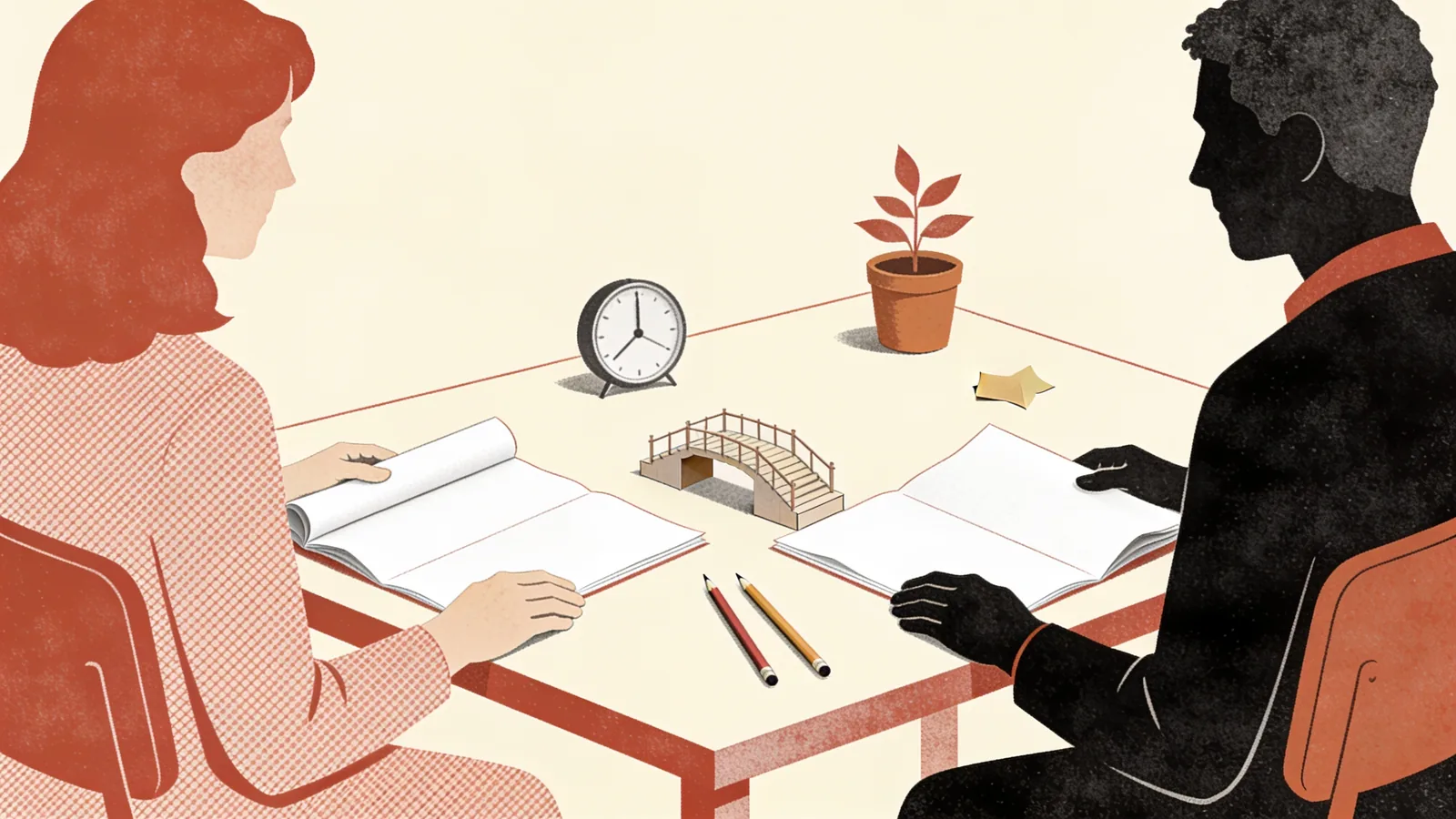Dos personas comparan planos junto a una maqueta de un puente y un reloj sobre una mesa.