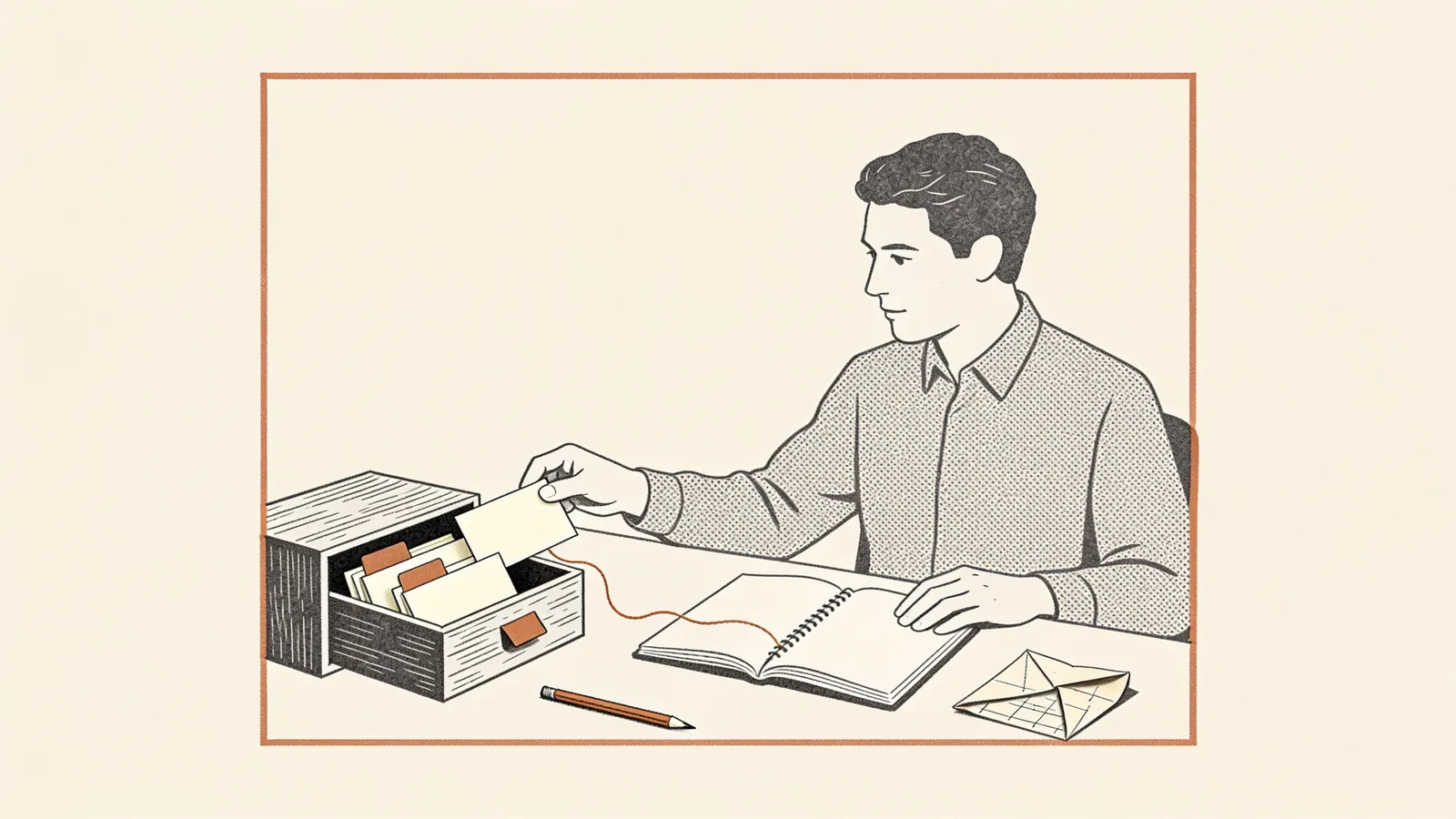 Una persona recupera una ficha de un pequeño archivador junto a un cuaderno abierto.