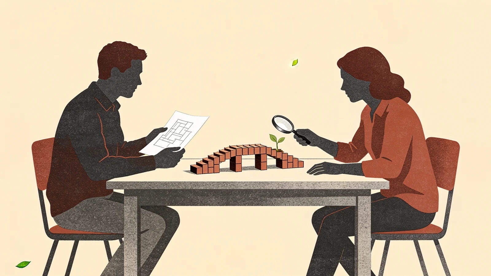 Dos personas revisan un plano y un pequeño puente de bloques sobre una mesa de trabajo.