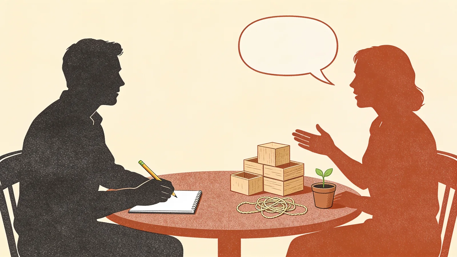 Dos personas conversan junto a una mesa con un cuaderno, cajas y un cordel enredado.