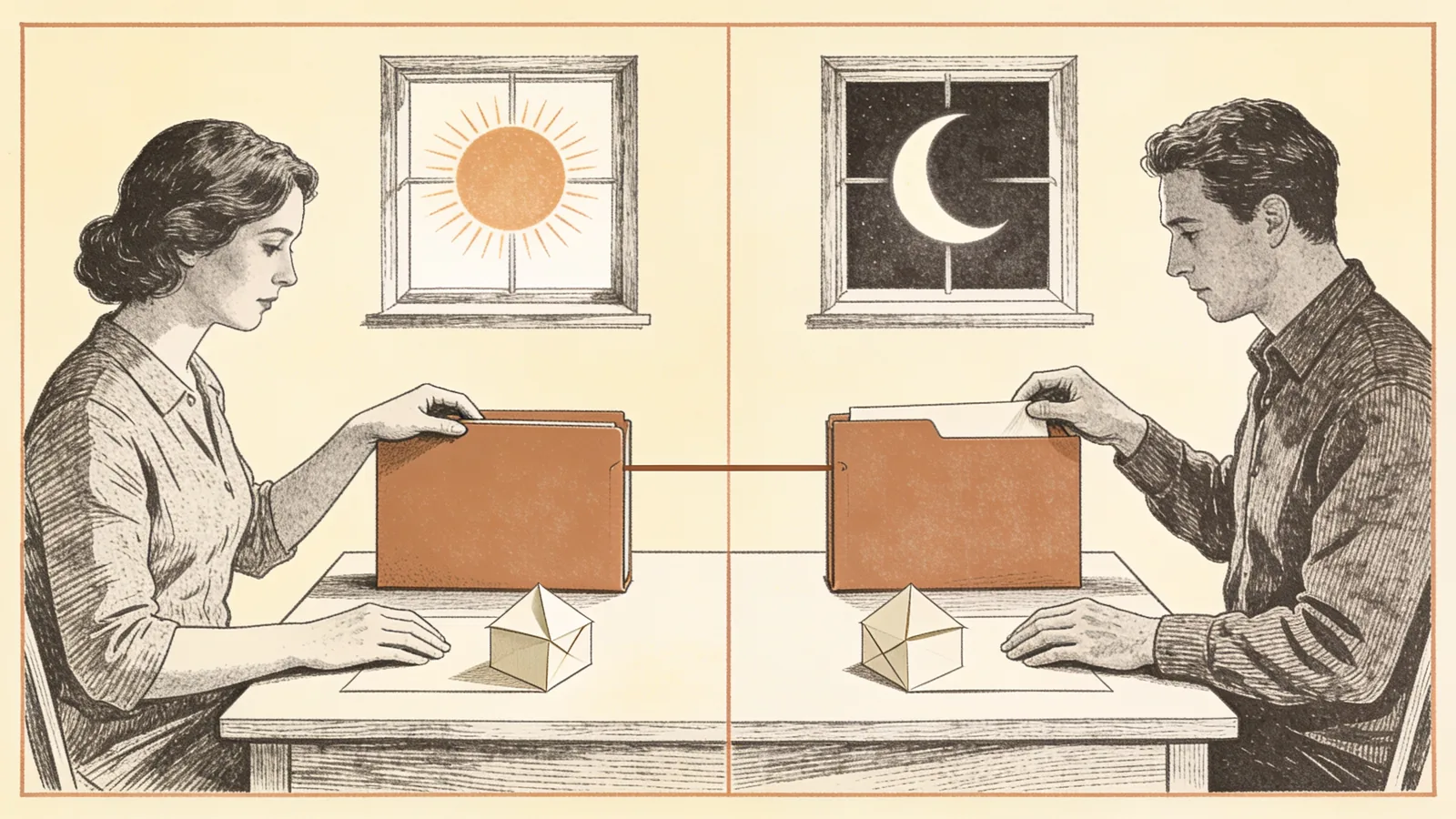 Dos personas trabajan en espacios separados, con un sol y una luna en las ventanas, y comparten una carpeta de proyecto.