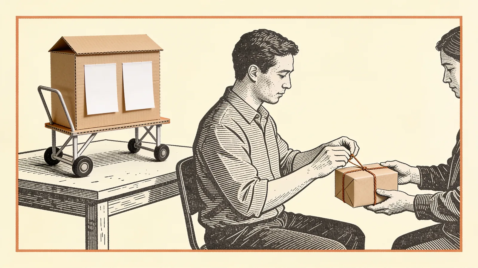 Una maqueta de papel acompaña a dos personas que preparan y reciben un paquete en una mesa de trabajo.